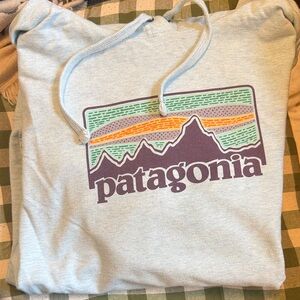Patagonia Light Blue Pullover Hoodie with Multicolor Logo